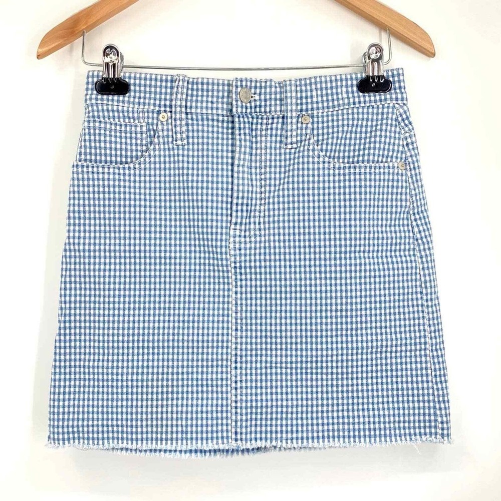 Madewell Gingham Blue White Stretch Denim Straight Mini Skirt Frayed Hem 25 jj